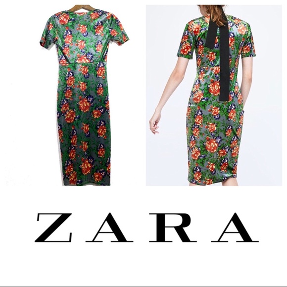 Zara Green Velvet Floral Midi Dress - Picture 3 of 8